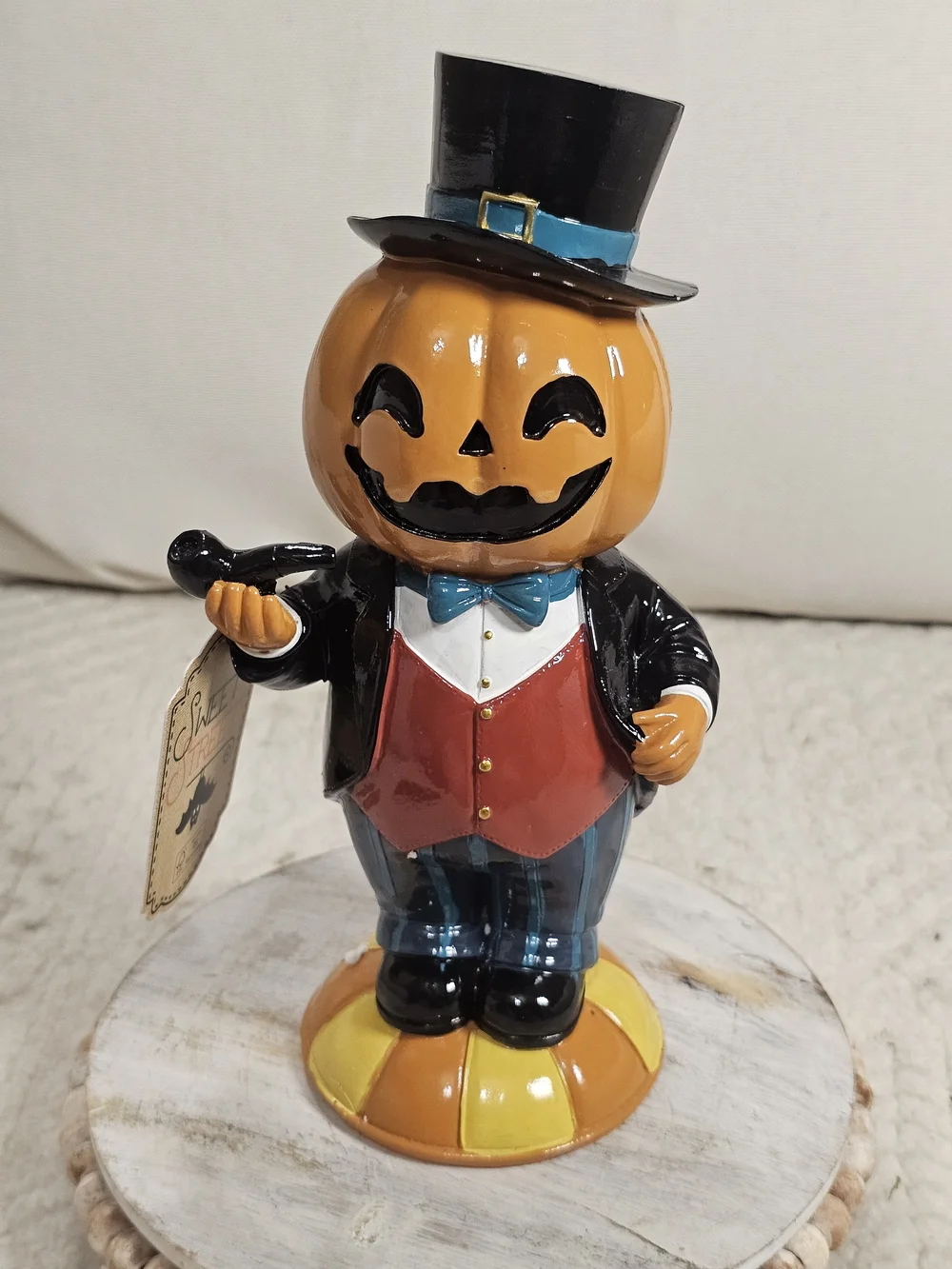 Ceramic Pumpkin Gentleman Figurine - Orange, Black, Red, Blue Halloween